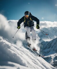 A skier jumps in the snowy mountains on a sunny day, with dense clouds of snow, dust and clouds flying behind him.