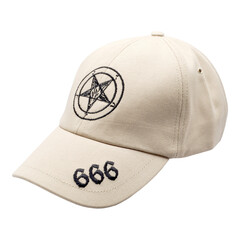 Beige baseball cap with embroidered pentagram and 666. Occult, Satan, Devil, Baphomet. Mythology,...