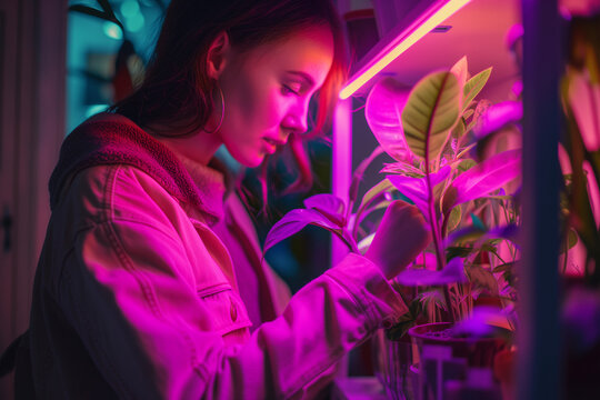 Girl taking care of plants under led uv light - sustainable lifestyle