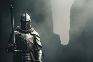 Handsome noble medieval knight in armor with a raised sword in haze. Copy space - obrazy, fototapety, plakaty