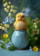 little cute yellow chick, Easter symbol, bird, spring, beak, feathers, animal, nature, blue flowers, toy, ceramic figurine