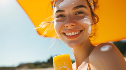 Young woman applies sunscreen on her face, highlighting the importance of skin protection against harmful UV rays for maintaining healthy, youthful skin during sunny days.