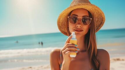 Young woman applies sunscreen on her face, highlighting the importance of skin protection against harmful UV rays for maintaining healthy, youthful skin during sunny days.