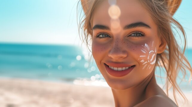 Young woman applies sunscreen on her face, highlighting the importance of skin protection against harmful UV rays for maintaining healthy, youthful skin during sunny days.