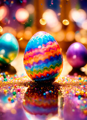 holographic Easter eggs on a shiny background. Selective focus.