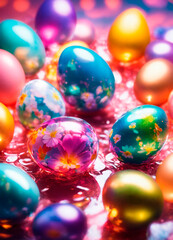 holographic Easter eggs on a shiny background. Selective focus.