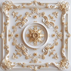 Transform your ceiling with opulent white-golden 3D wallpaper set against a Victorian-style decorative frame background. - obrazy, fototapety, plakaty
