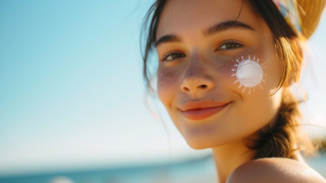 Young woman applies sunscreen on her face, highlighting the importance of skin protection against harmful UV rays for maintaining healthy, youthful skin during sunny days.