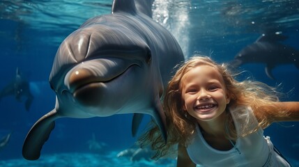 A little blonde seven year old girl diving with funny dolphins underwater. An ocean life sports extreme design. Kid with marine animal. Red sea diving in blue water