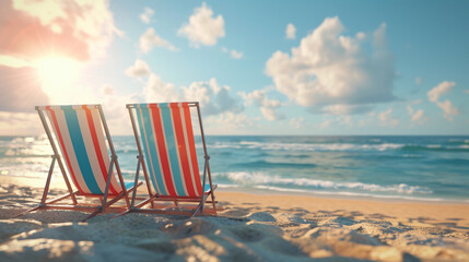 Two beach chairs on the beach. Vintage tone. - obrazy, fototapety, plakaty