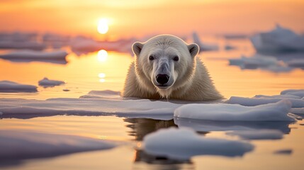 A magnificent polar bear proudly climbed onto a melting snow floe