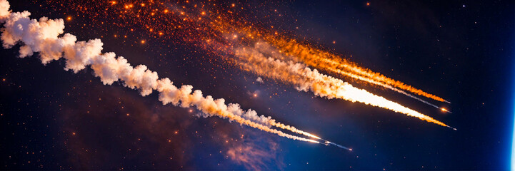 rockets fly into the sky. Selective focus. - obrazy, fototapety, plakaty