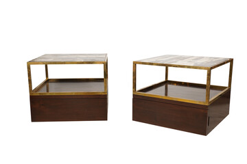Modern coffee table with gold frame and brown base for living room decor on transparent background