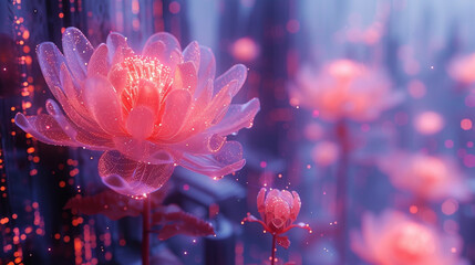 An abstract, digital art rendering of burdock in neon colors, set against a futuristic cityscape,