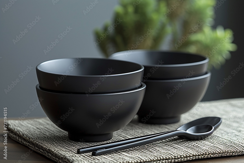 Poster a set of modern, burdock-themed tableware with sleek lines and a monochromatic color scheme,