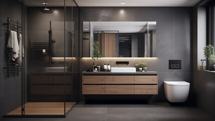 Modern, elegant bathroom interior with a minimalist design featuring a freestanding bathtub, double vanity, walk-in shower, dark tiled walls, wooden accents, and a large mirror illuminated.