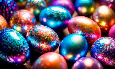 holographic Easter eggs on a shiny background. Selective focus.