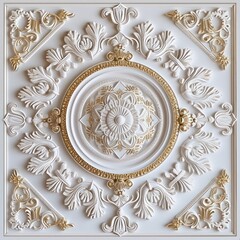 3d wallpaper for ceiling with white golden decoration model. Victorian style and decorative frame background