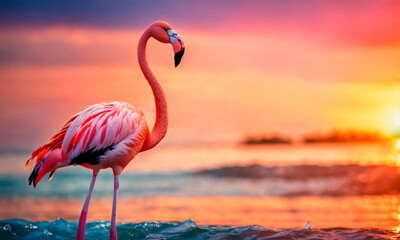 pink flamingo on the seashore. Selective focus.