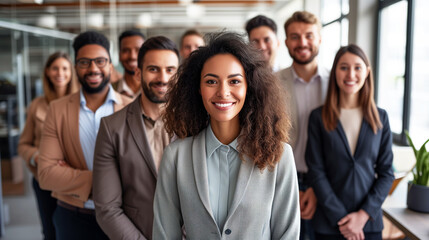 Successful multiethnic group of business smiling people standing as a team at modern office