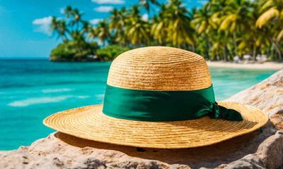 woman in a hat on a tropical beach. Selective focus.