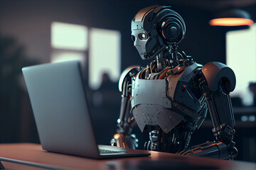 Fototapeta premium Chatbot robot typing on a laptop computer sitting at a desk. Chatbot Service.