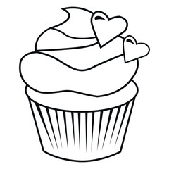 Black and white drawing of a cupcake with a hearts on top. Vector on a gray background