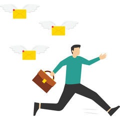 Vector illustration of a scared businessman running away from a multitude of emails chasing him. Modern character design. entrepreneurs run away from a lot of emails