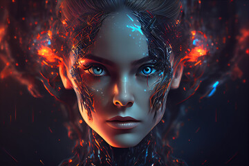AI. Woman Cyborg head with artificial neural networks brain. Neon cyberpunk word. Female robot face with computer artificial intelligence. Electronic Technology banner in 80th cyberpunk