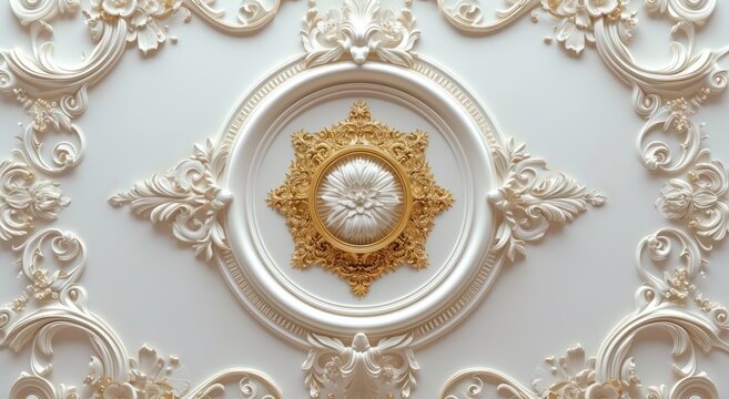 Fototapeta Victorian-style decorative frame background with white-golden 3D wallpaper for the ceiling, creating an elegant ambiance.