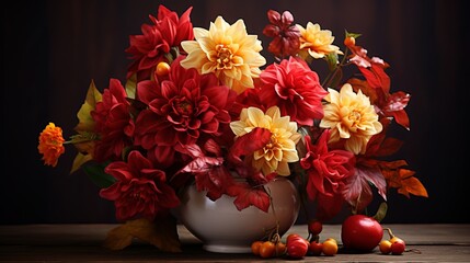 Beautiful flower composition with autumn orange and red flowers and berries. Autumn bouquet in vintage vase on a wooden table with pink tissue and candles