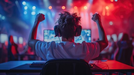 Esports gamer sitting at a computer desk in an esports arena