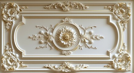 Victorian-style decorative frame background with white-golden 3D wallpaper for the ceiling, creating an elegant ambiance. - obrazy, fototapety, plakaty