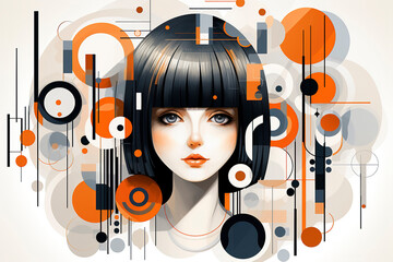 Anime cartoon character in the style of playful geometry. Illustration of a young girl with geometric circles and lines. Portrait of a young girl with elements of geometric abstractionism.