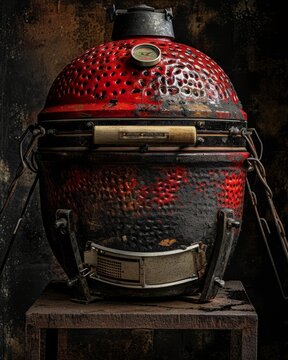 Intricate details of a traditional Japanese kamado grill, adorned with vibrant red accents.
