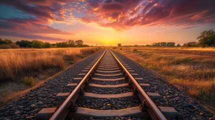 Fototapeta premium Railway tracks at sunset in the field. Railway to horizon. Railway track curving into the horizon during the golden hour. The warm, dramatic lighting and leading lines evoke a sense of journey.
