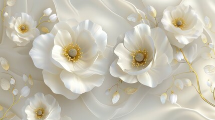 3d wallpaper with luxury beautiful white flowers, silk background for wall print