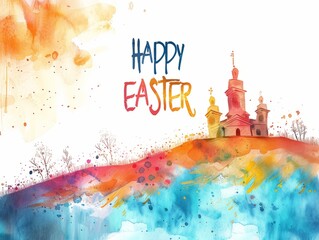 HAPPY EASTER background is colorful background on the hilltop Generative AI