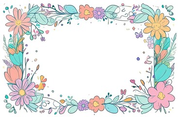 Fototapeta na wymiar Pastel colors frame with free place for text made from lot of spring flowers. Greeting card for spring holidays. Template for Birthday, Women's Day, Mother's Day. Floral picture. Illustration.