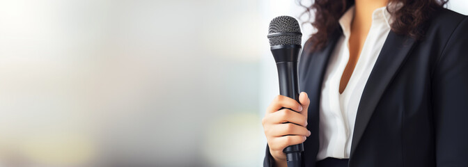 Motivational female speaker with microphone speaking on stage, banner format