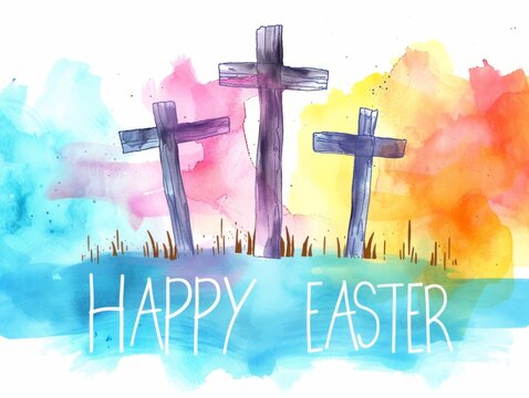HAPPY EASTER three crosses in a watercolor backgrounds Generative AI