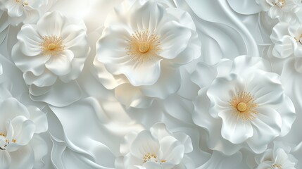Luxurious 3D wallpaper featuring beautiful white flowers on a silk background, perfect for wall printing.
