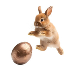 Obraz premium Jumping a chocolate Easter egg rabbit, a cute bunny wishes a happy Easter, Isolated on Transparent Background, PNG