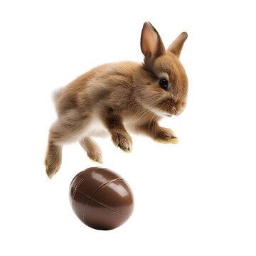 Easter happiness: a cute bunny jumping a chocolate rabbit Easter egg, Isolated on Transparent Background, PNG
