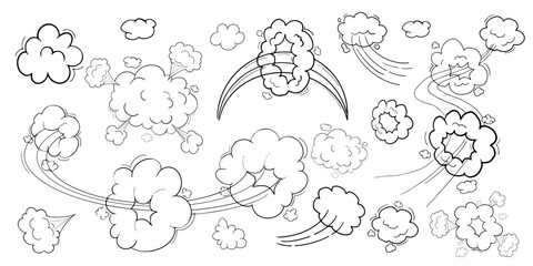 Comic motion effect, clouds speed way, trail set fast wind swirl, puff poof elements isolated on white background. Blow explosion © Alyona