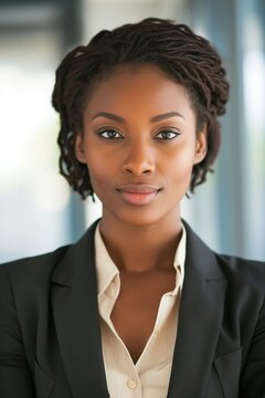 portrait featuring a confident middle-aged Black woman exuding trustworthiness and confidence in her professional attire. This expert profile picture radiates authority and competence