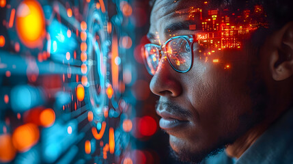 Close-up of a man with glasses reflecting advanced digital data visualization.
