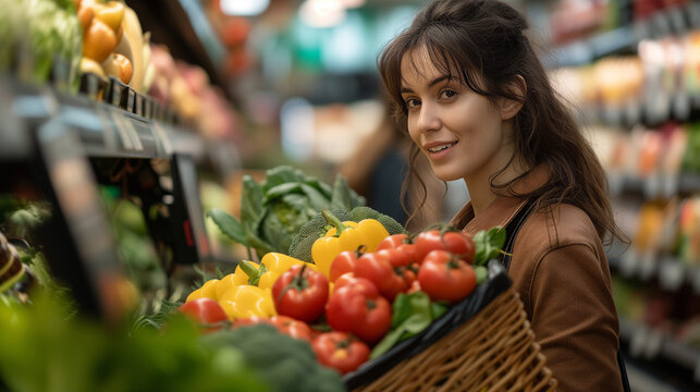 A young mother with a shopping basket in her hands chooses fresh vegetables in the fresh produce section of a supermarket, Ai generated Images