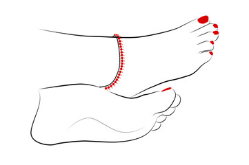 Beautiful woman feet with anklet line drawing isolated on white background - vector illustration