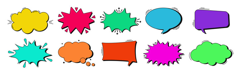 Set of comic speech bubbles. Colored dialog bubbles. Comic speech explosions - obrazy, fototapety, plakaty